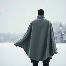 A solitary man wearing a cloak, standing in a snowy landscape, viewed from behind