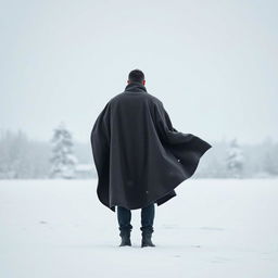 A solitary man wearing a cloak, standing in a snowy landscape, viewed from behind