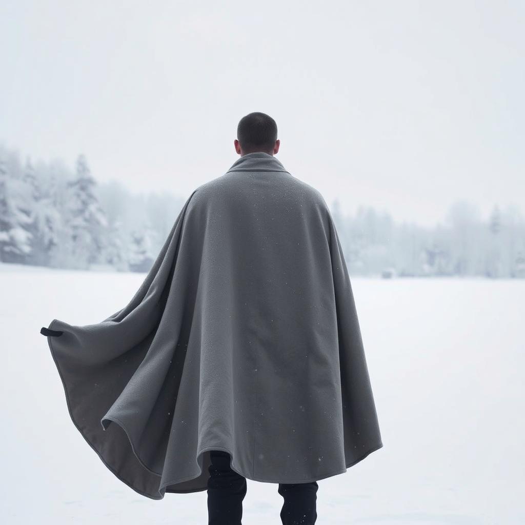 A solitary man wearing a cloak, standing in a snowy landscape, viewed from behind