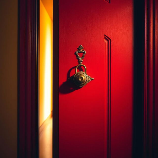A red door that is locked, featuring intricate details such as a shiny brass doorknob, and ornate carvings on the frame