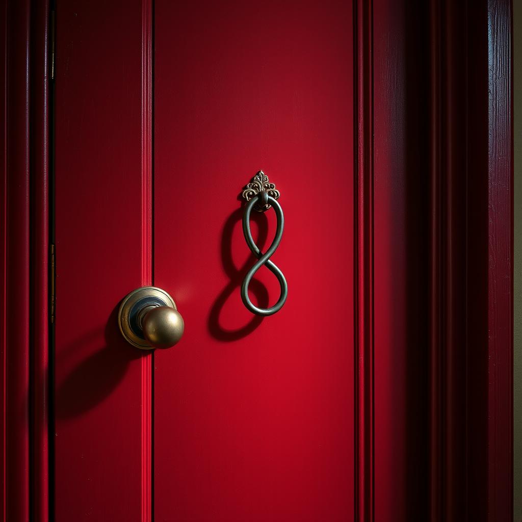A red door that is locked, featuring intricate details such as a shiny brass doorknob, and ornate carvings on the frame