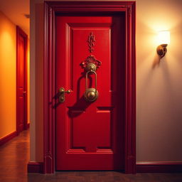 A red door that is locked, featuring intricate details such as a shiny brass doorknob, and ornate carvings on the frame