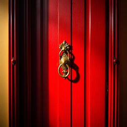 A red door that is locked, featuring intricate details such as a shiny brass doorknob, and ornate carvings on the frame
