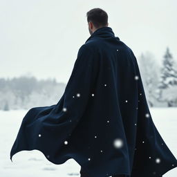 A solitary man wearing a dark blue cloak, standing in a snowy landscape, viewed from behind