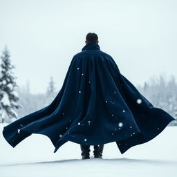 A solitary man wearing a dark blue cloak, standing in a snowy landscape, viewed from behind