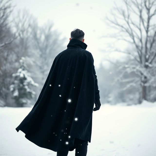 A solitary man wearing a dark blue cloak, standing in a snowy landscape, viewed from behind