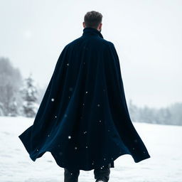 A solitary man wearing a dark blue cloak, standing in a snowy landscape, viewed from behind