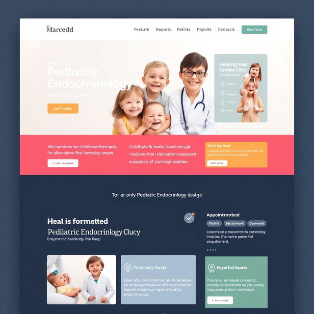 A modern and professional website design for a pediatric endocrinology clinic named 'Marcedd'