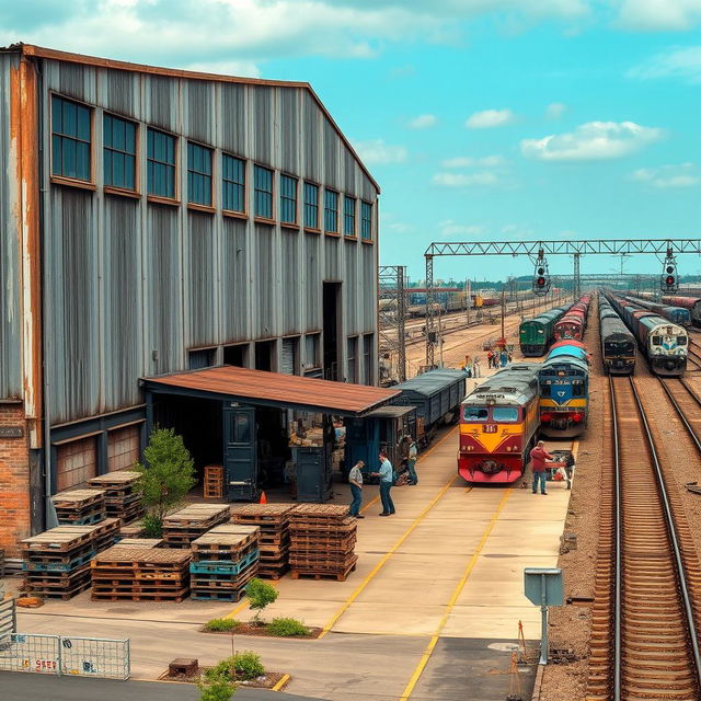 An industrial scene featuring a warehouse and a loading ramp situated beside a railway track