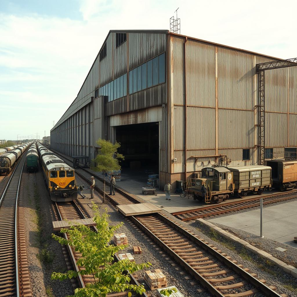 An industrial scene featuring a warehouse and a loading ramp situated beside a railway track