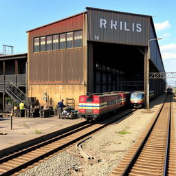 An industrial scene featuring a warehouse and a loading ramp situated beside a railway track