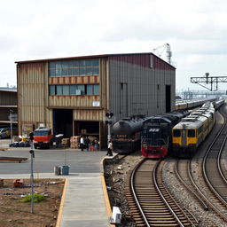An industrial scene featuring a warehouse and a loading ramp situated beside a railway track