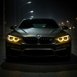 A BMW M4 Competition parked in a dark, mysterious environment, showcasing its sleek lines and aggressive stance
