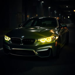 A BMW M4 Competition parked in a dark, mysterious environment, showcasing its sleek lines and aggressive stance