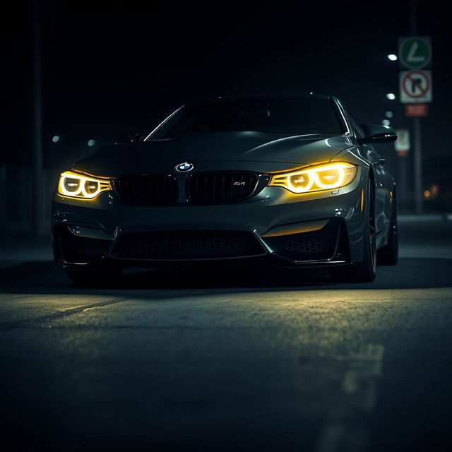 A BMW M4 Competition parked in a dark, mysterious environment, showcasing its sleek lines and aggressive stance