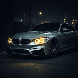 A BMW M4 Competition parked in a dark, mysterious environment, showcasing its sleek lines and aggressive stance