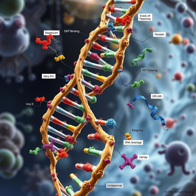 A detailed scientific illustration of DNA transcription factors at work in a cellular environment