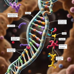 A detailed scientific illustration of DNA transcription factors at work in a cellular environment