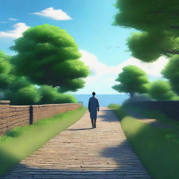 A high-quality digital art image showcasing a lone figure walking along a serene pathway