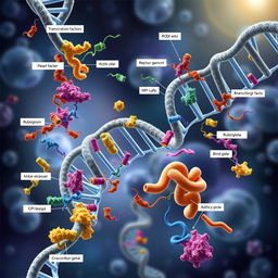 A detailed scientific illustration of DNA transcription factors at work in a cellular environment