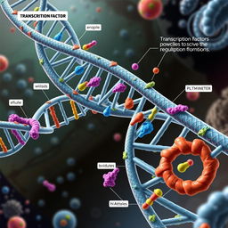 A detailed scientific illustration of DNA transcription factors at work in a cellular environment