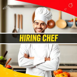 A vibrant and eye-catching banner featuring a professional chef in a dynamic pose, showcasing culinary tools or ingredients in the background