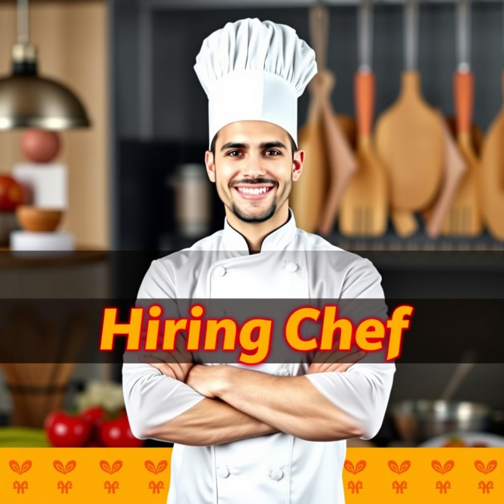 A vibrant and eye-catching banner featuring a professional chef in a dynamic pose, showcasing culinary tools or ingredients in the background