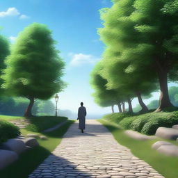 A high-quality digital art image showcasing a lone figure walking along a serene pathway