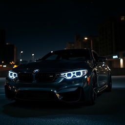 A stunning BMW M4 Competition parked in a dimly lit urban environment, the car's sleek lines and aggressive stance highlighted by dramatic lighting