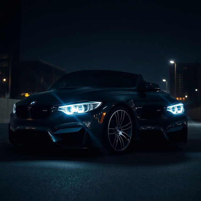 A stunning BMW M4 Competition parked in a dimly lit urban environment, the car's sleek lines and aggressive stance highlighted by dramatic lighting