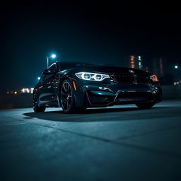 A stunning BMW M4 Competition parked in a dimly lit urban environment, the car's sleek lines and aggressive stance highlighted by dramatic lighting