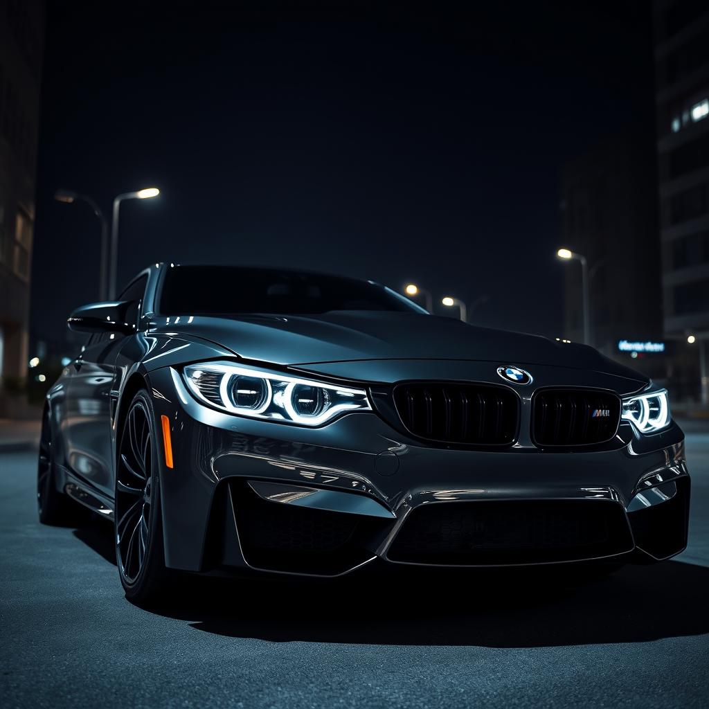 A stunning BMW M4 Competition parked in a dimly lit urban environment, the car's sleek lines and aggressive stance highlighted by dramatic lighting