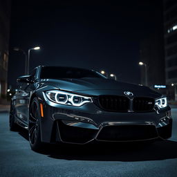 A stunning BMW M4 Competition parked in a dimly lit urban environment, the car's sleek lines and aggressive stance highlighted by dramatic lighting