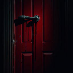 A frightening door painted in deep red and black hues, featuring eerie textures and a sense of foreboding