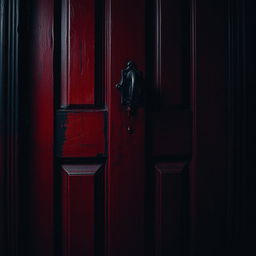 A frightening door painted in deep red and black hues, featuring eerie textures and a sense of foreboding