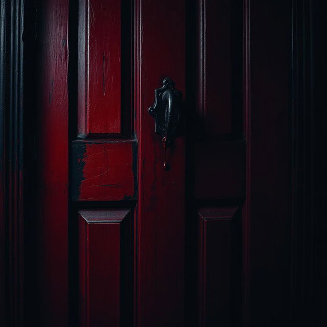 A frightening door painted in deep red and black hues, featuring eerie textures and a sense of foreboding