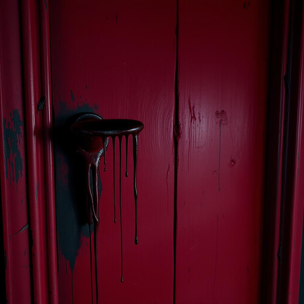A frightening door painted in deep red and black hues, featuring eerie textures and a sense of foreboding