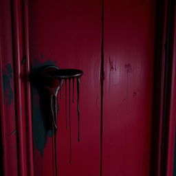 A frightening door painted in deep red and black hues, featuring eerie textures and a sense of foreboding