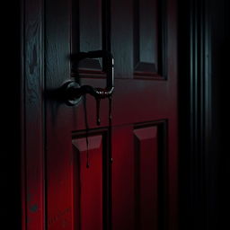 A frightening door painted in deep red and black hues, featuring eerie textures and a sense of foreboding