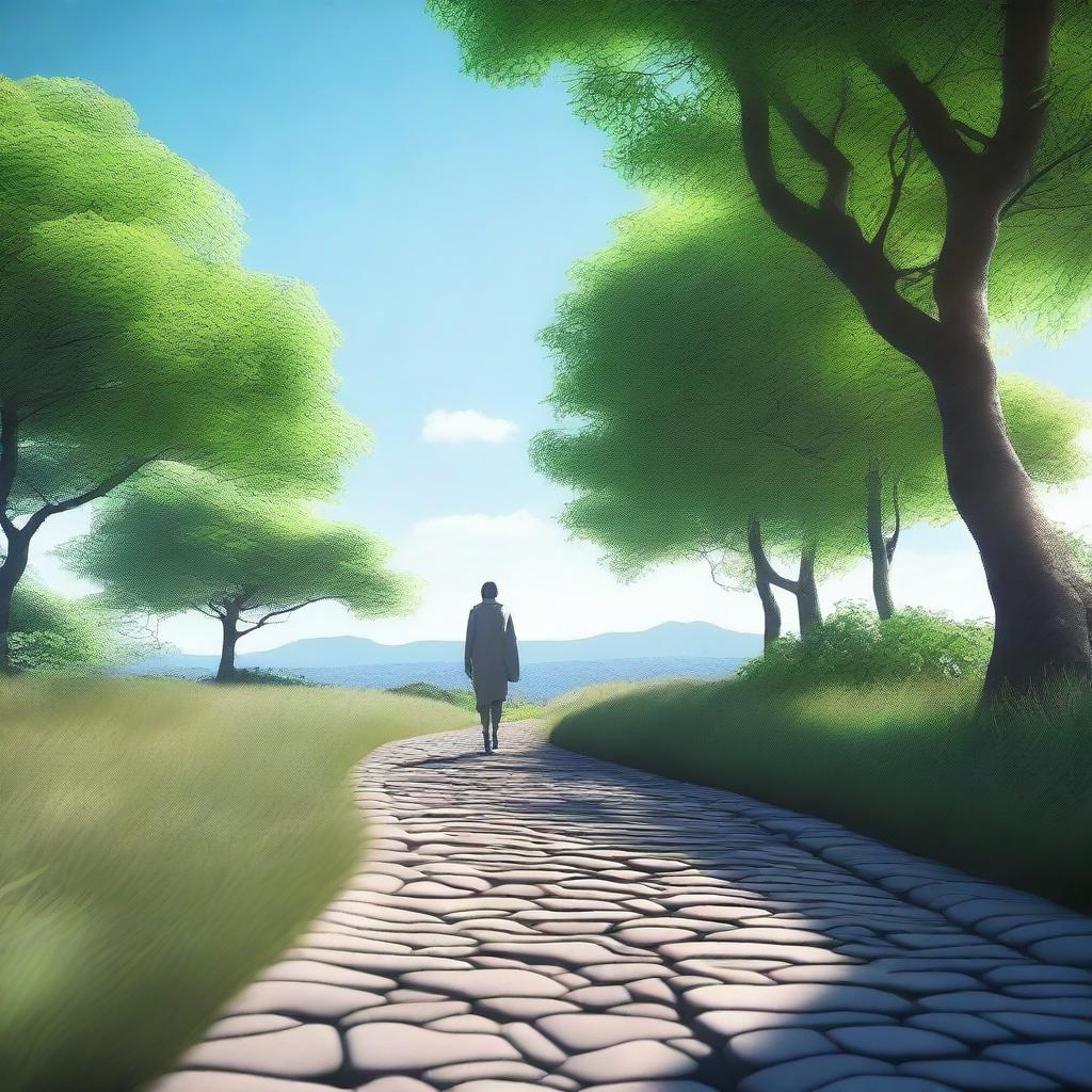 A high-quality digital art image showcasing a lone figure walking along a serene pathway