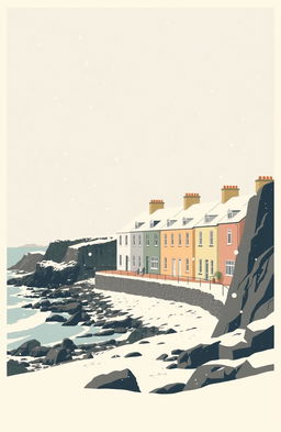 A vintage poster style illustration of a scenic Cornish coast, featuring a charming row of muted colored houses with subtle pastel shades