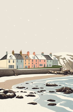 A vintage poster style illustration of a scenic Cornish coast, featuring a charming row of muted colored houses with subtle pastel shades