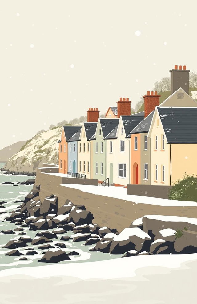A vintage poster style illustration of a scenic Cornish coast, featuring a charming row of muted colored houses with subtle pastel shades