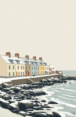 A vintage poster style illustration of a scenic Cornish coast, featuring a charming row of muted colored houses with subtle pastel shades