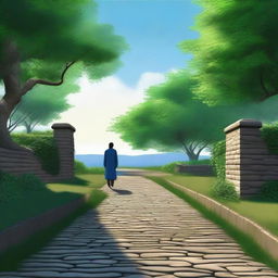 A high-quality digital art image showcasing a lone figure walking along a serene pathway