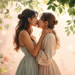 A tender, intimate moment between two young adult women, kissing gently