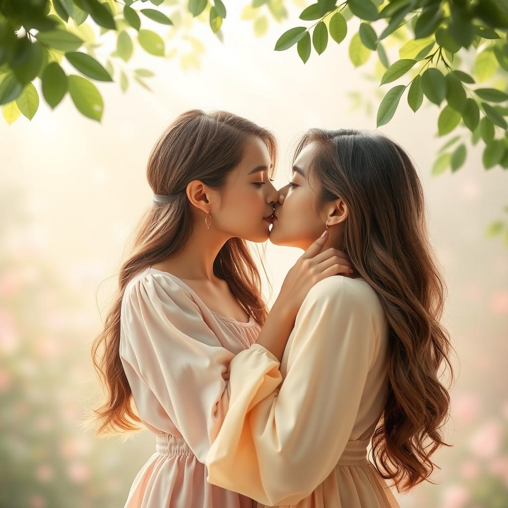 A tender, intimate moment between two young adult women, kissing gently