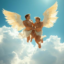 Two male angels soaring gracefully through a bright blue sky, their muscular bodies glistening in the sunlight