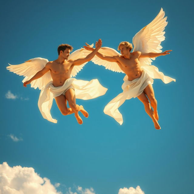 Two male angels soaring gracefully through a bright blue sky, their muscular bodies glistening in the sunlight