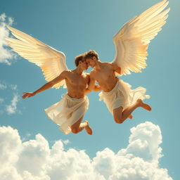 Two male angels soaring gracefully through a bright blue sky, their muscular bodies glistening in the sunlight